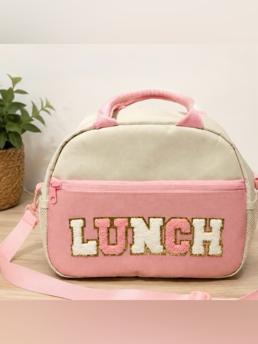Pink & Cream Chenille “LUNCH” Insulated Lunch Bag